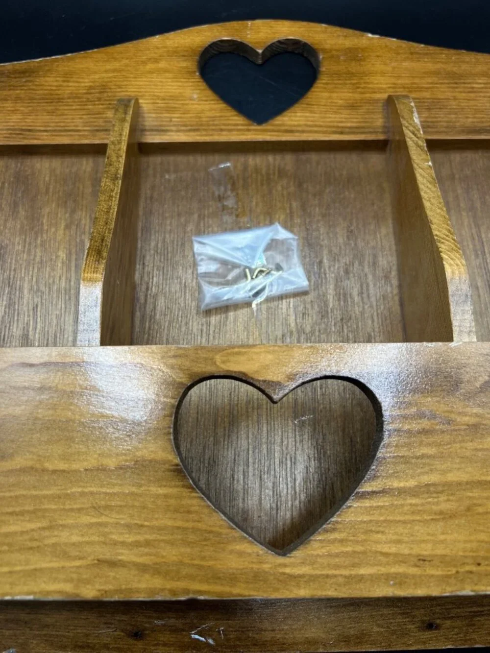 Handmade VTG Wooden Wall Shelf Heart Cutouts Compartments Key Hooks Farmhouse Ru